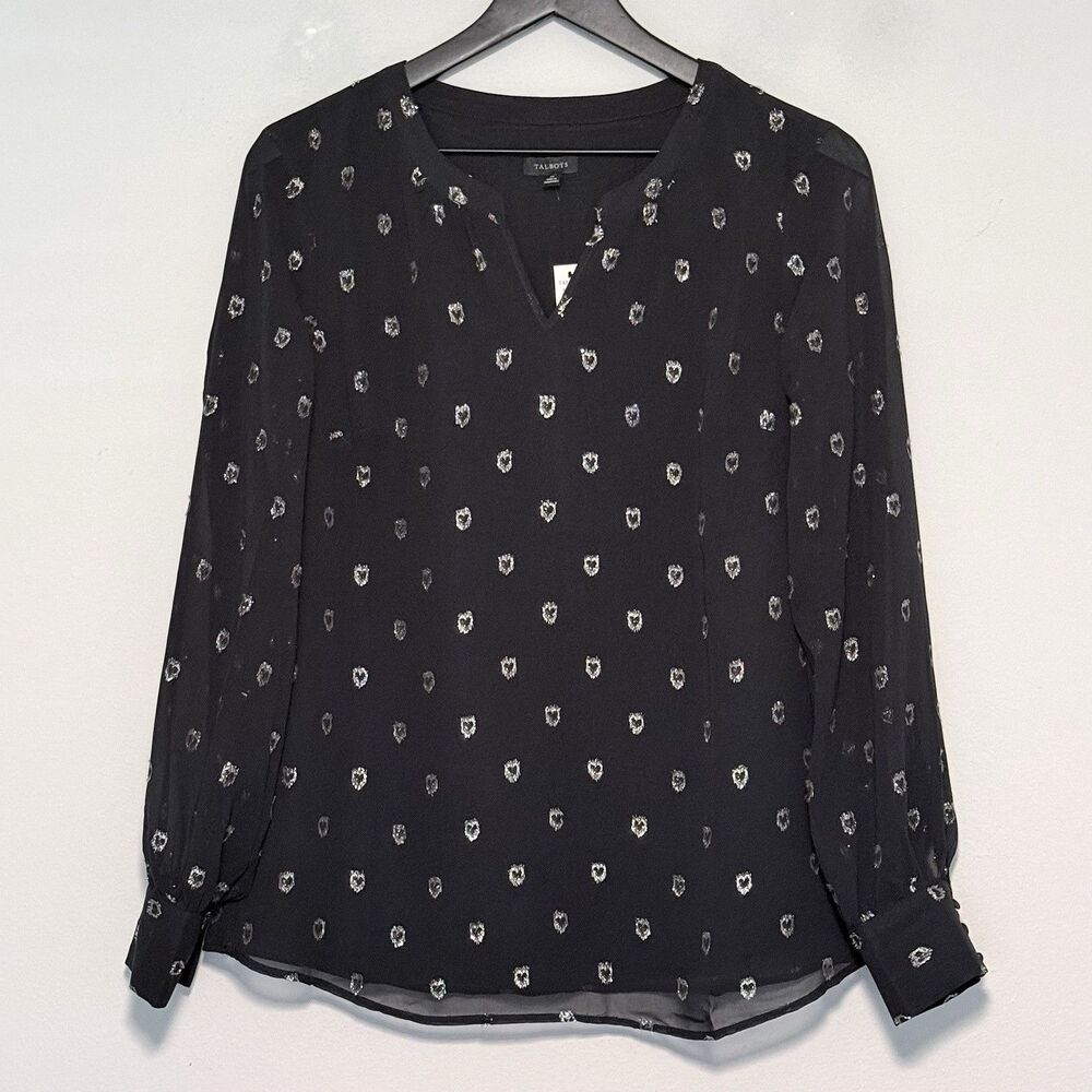 NWT Talbots Black Chiffon Popover Blouse Sz M Silver Hearts V-Neck Puff Sleeves